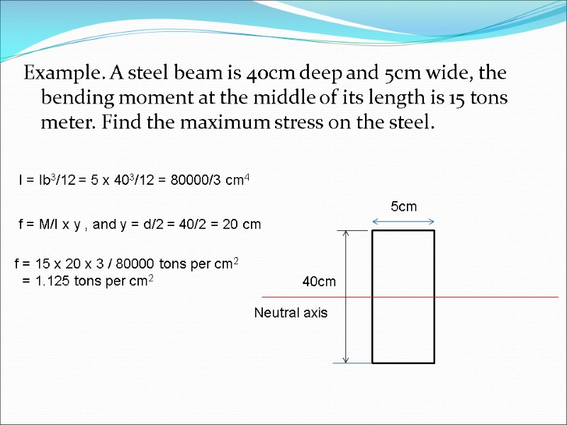 Example. A steel beam is 40cm deep and 5cm wide, the bending moment at